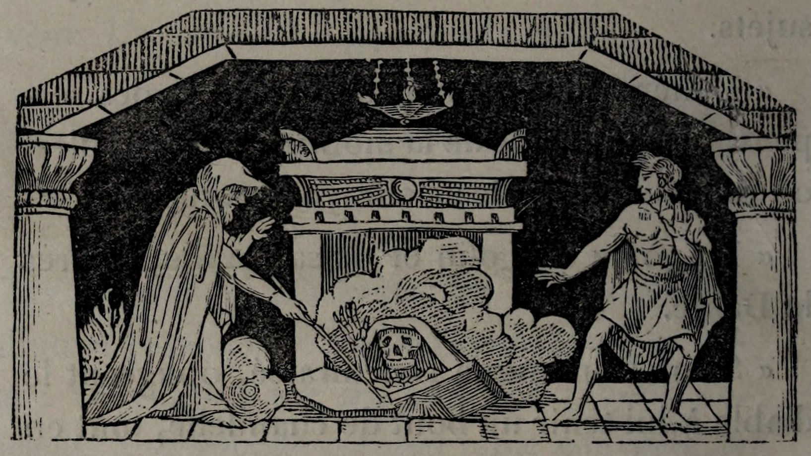 Original engraving of an apparition rising from a tomb between a robed figure and an armed man