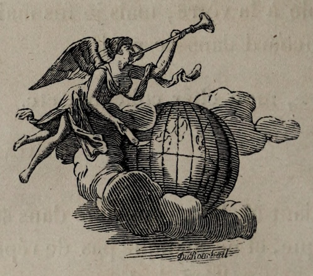 Original signed tailpiece: a winged figure with trumpet above a balloon, Volume II, p.118.