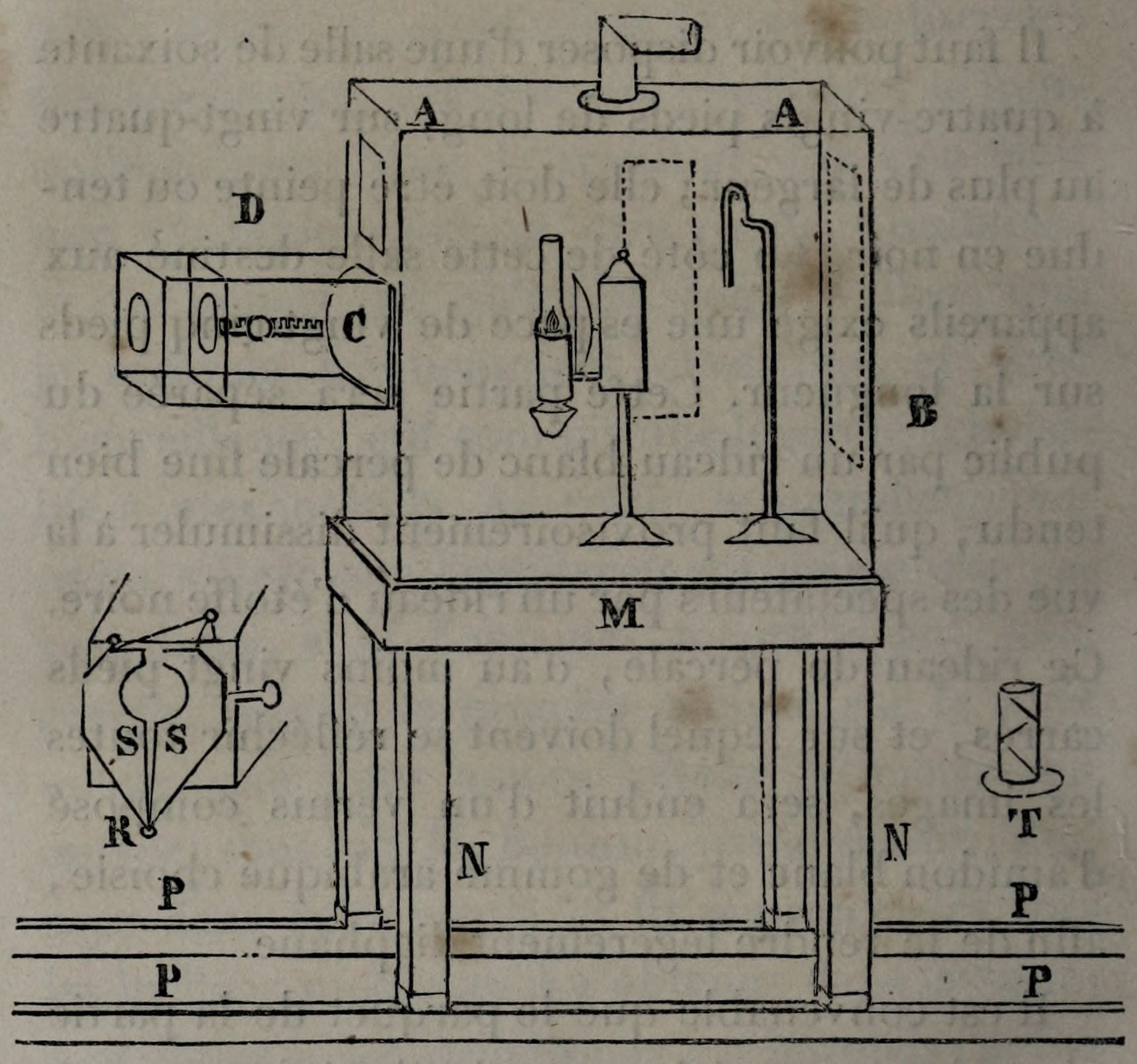 Original labeled engraving of the fantascope box, lamp, lens tube, wheeled carriage and light-regulating blades