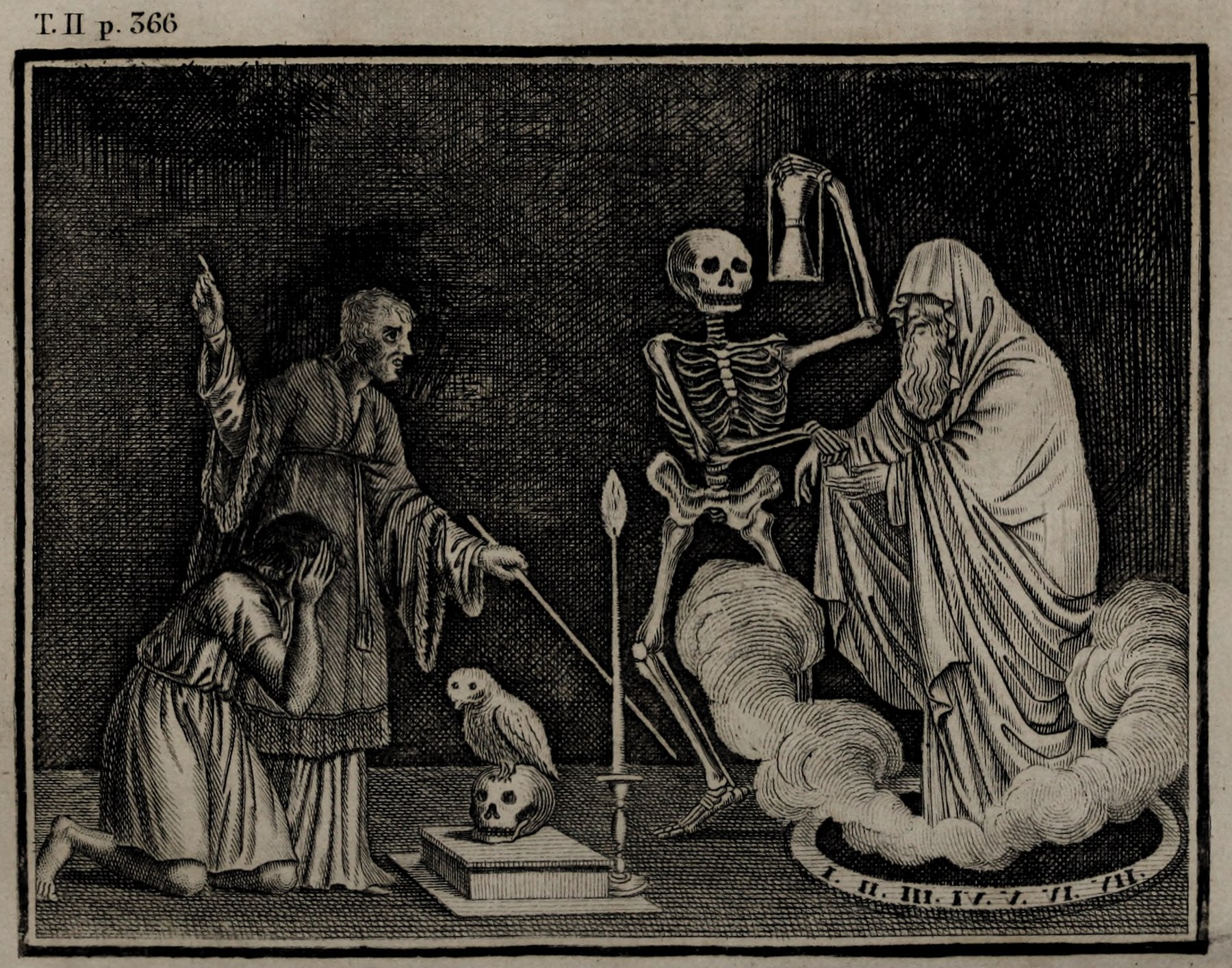 Original plate facing source page 366. A phantasmagorical apparition used by the Jesuits. Original Roman-numeral band retained.