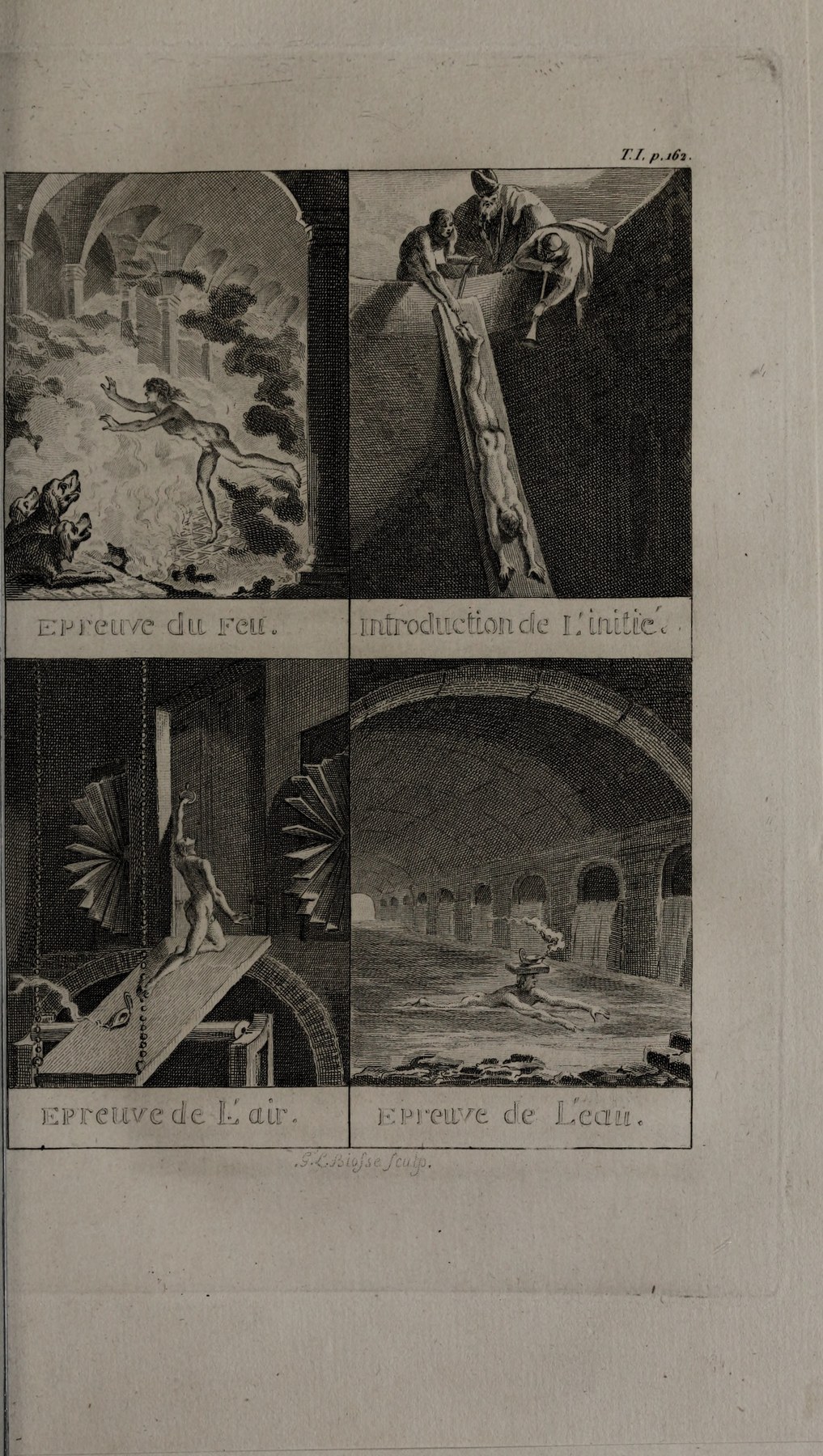 Original four-scene engraving showing the fire trial, entry of the initiate, air trial and water trial