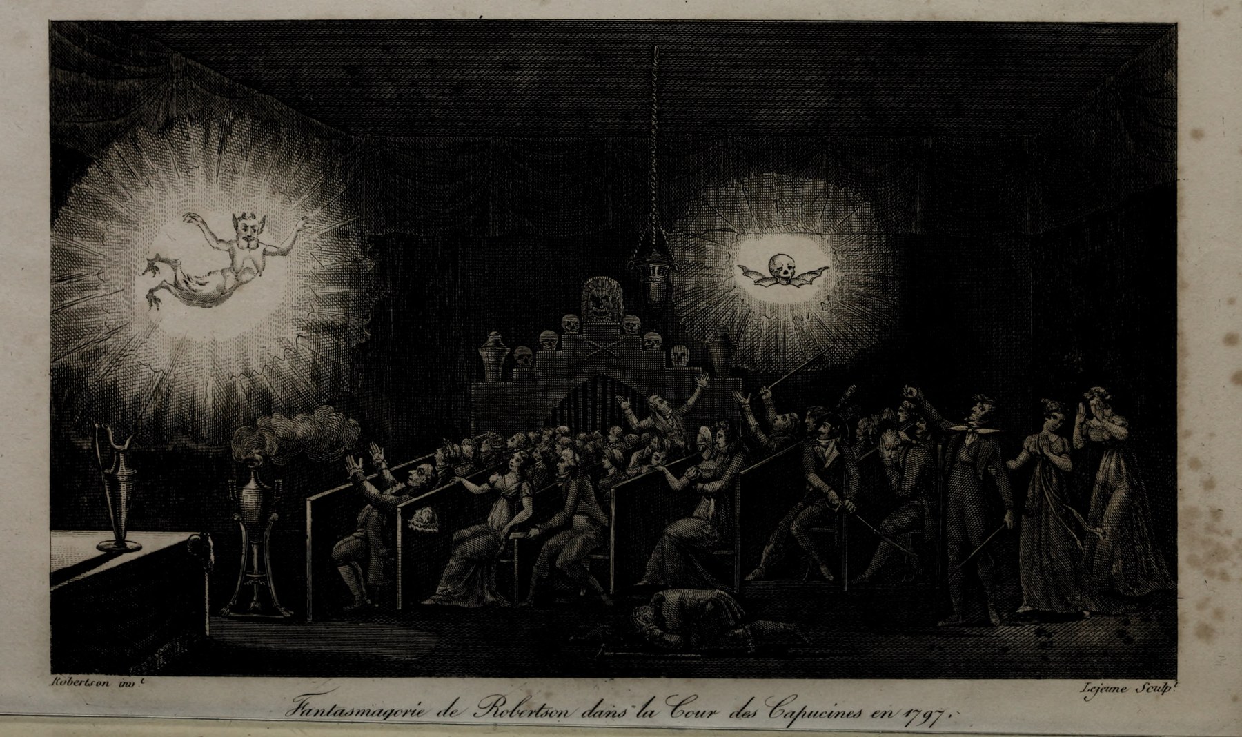 Original engraving of Robertson’s phantasmagoria: projected apparitions above a startled audience.